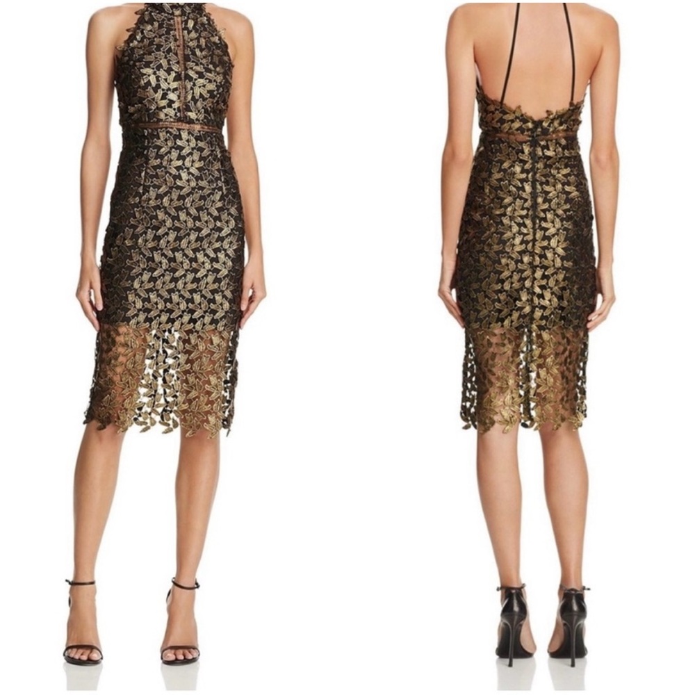 Bardot Black Backless Dress with Gold Leaf Design